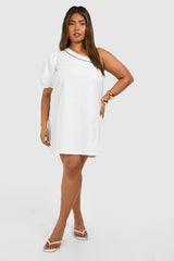 Plus Woven Embroidery Detail One Shoulder Mini Dress