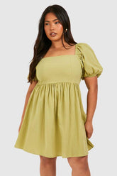 Plus Linen Look Puff Sleeve Mini Smock Dress