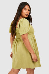 Plus Linen Look Puff Sleeve Mini Smock Dress