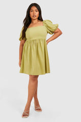 Plus Linen Look Puff Sleeve Mini Smock Dress