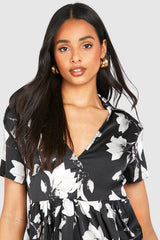Tall Satin Floral V Neck Smock Dress
