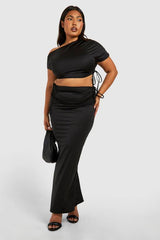 Plus Ruched Drape Shoulder Crop Top And Maxi Skirt