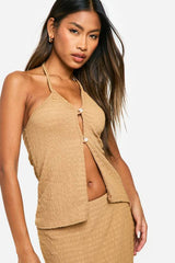 Textured Crinkle Halter & Flared Hem Maxi Skirt