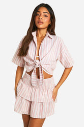 Linen Look Stripe Tie Front Beach Shirt