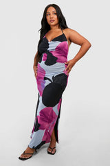 Plus Halterneck Low Back Printed Maxi Dress