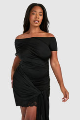 Plus Lace Trim Off The Shoulder Tie Mini Dress