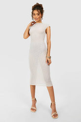 Funnel Neck Textured Cap Sleeve Midaxi Dress