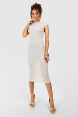 Funnel Neck Textured Cap Sleeve Midaxi Dress