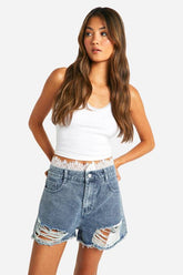 Lace Trim Distressed Hem Denim Shorts