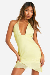 Plunge Tie Front Mesh Mini Dress