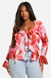 Plus Floral Ruffle Front Blouse