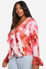 Plus Floral Ruffle Front Blouse