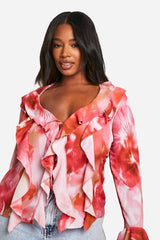 Plus Floral Ruffle Front Blouse