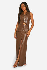 Faux Leather Pocket Detail Wrap Maxi Skirt