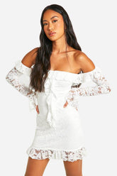 Lace Bardot Flare Sleeve Mini Dress