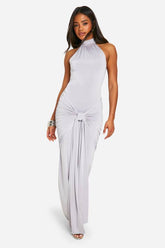 Halterneck Tie Front Slinky Maxi Dress