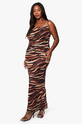 Plus Zebra Print Cowl Neck Maxi Dress