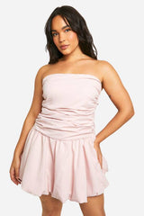 Plus Ruched Bandeau Puff Ball Mini Dress