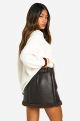 Teddy Trim Faux Leather Skirt