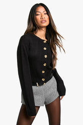 Crew Neck Puff Sleeve Soft Knit Micro Cardigan