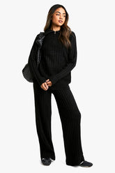 Soft Knit Thick Rib Zip Neck Oversized Jumper And Wide Leg Trouser Set
