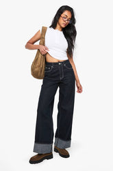 Indigo Deep Turn Up Cuff Wide Leg Jeans