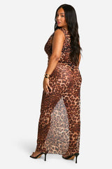 Plus Leopard Mesh Cowl Neck Maxi Dress