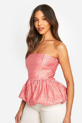 Woven Puff Ball Gingham Peplum Top