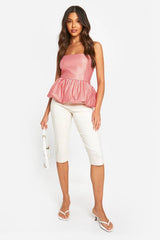 Woven Puff Ball Gingham Peplum Top