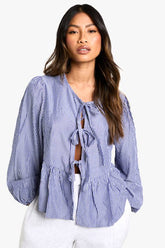 Navy Pinstripe Tie Front Puff Long Sleeve Smock Top