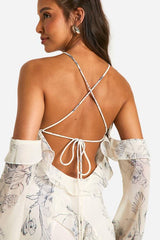 Printed Chiffon Ruffle Bardot Maxi Dress