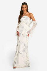 Printed Chiffon Ruffle Bardot Maxi Dress