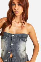 Washed Grey Stretch Denim Button Detail Bandeau Top