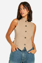 Super Stretch Mock Horn Button Fitted High Neck Waistcoat