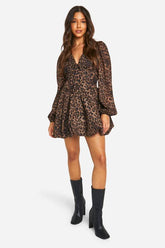 Chiffon Leopard Print Puff Sleeve Milkmaid Skater Dress