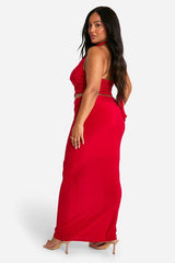 Plus Double Slinky Halterneck Cowl Neck Top & Maxi Skirt Co Ord