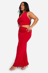 Plus Double Slinky Halterneck Cowl Neck Top & Maxi Skirt Co Ord