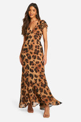 Leopard Crinkle Chiffon Angel Sleeve Maxi Dress