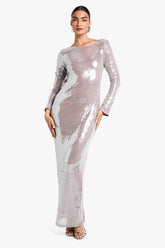 Flare Sleeve Tie Back Column Sequin Maxi Dress