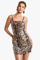 Square Neck Lace Back Leopard Sequin Mini Dress