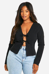 Plus Woven Stretch Tie Detail Long Sleeve Top