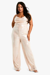 Plus Sheer Sequin Cowl Neck Jumpsuit