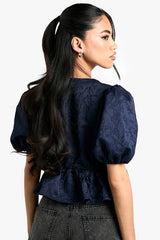 Textured Jacquard Tie Front Puff Sleeve Smock Top