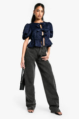 Textured Jacquard Tie Front Puff Sleeve Smock Top