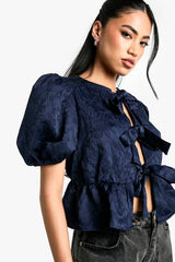 Textured Jacquard Tie Front Puff Sleeve Smock Top