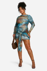 Plus Printed Tie Front Mesh Mini Dress