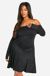 Plus Off Shoulder Long Sleeve Skater Dress