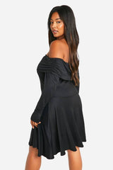 Plus Off Shoulder Long Sleeve Skater Dress