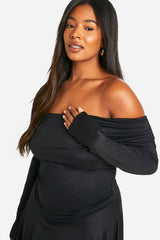 Plus Off Shoulder Long Sleeve Skater Dress