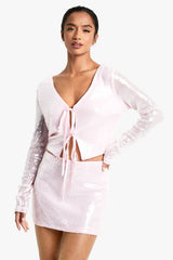 Petite Sequin Tie Front Top